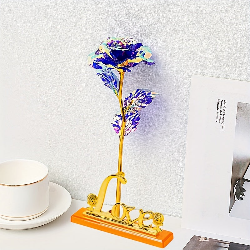 2pcs/Set, Artificial Golde Folien-Rose And Love Base Valentine's Day Gift, Beautiful Galaxy Crystal Rose, Rainbow Rose, Wedding Birthday Grandmother Mother's Day Teachers' Day Christmas New Year Gift, Home Wedding Decoration