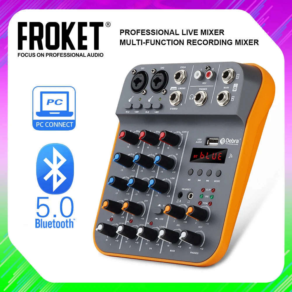 Mixer 4-Channel mit Bluetooth USB Sound Card  Phantom Power For PC Recording Microphone Live Streaming