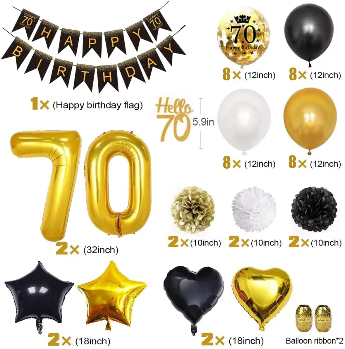 40th 50th 60th Geburtstagsdeko Women Men Birthday Party Supplies Black Gold Balloon Paper Pom Poms Happy Birthday Banner
