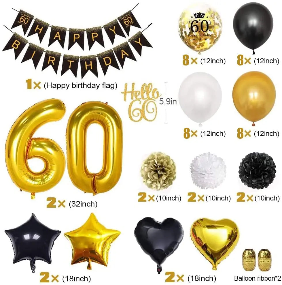 40th 50th 60th Geburtstagsdeko Women Men Birthday Party Supplies Black Gold Balloon Paper Pom Poms Happy Birthday Banner