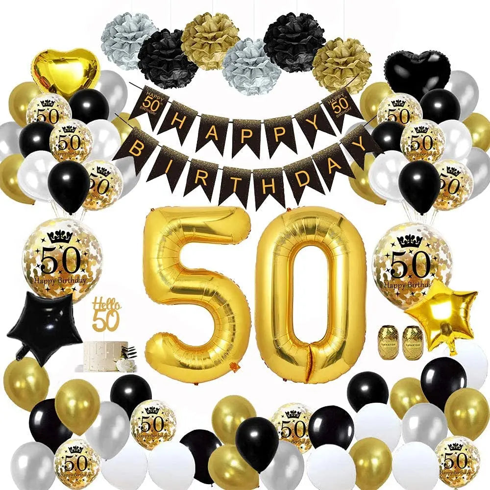 40th 50th 60th Geburtstagsdeko Women Men Birthday Party Supplies Black Gold Balloon Paper Pom Poms Happy Birthday Banner
