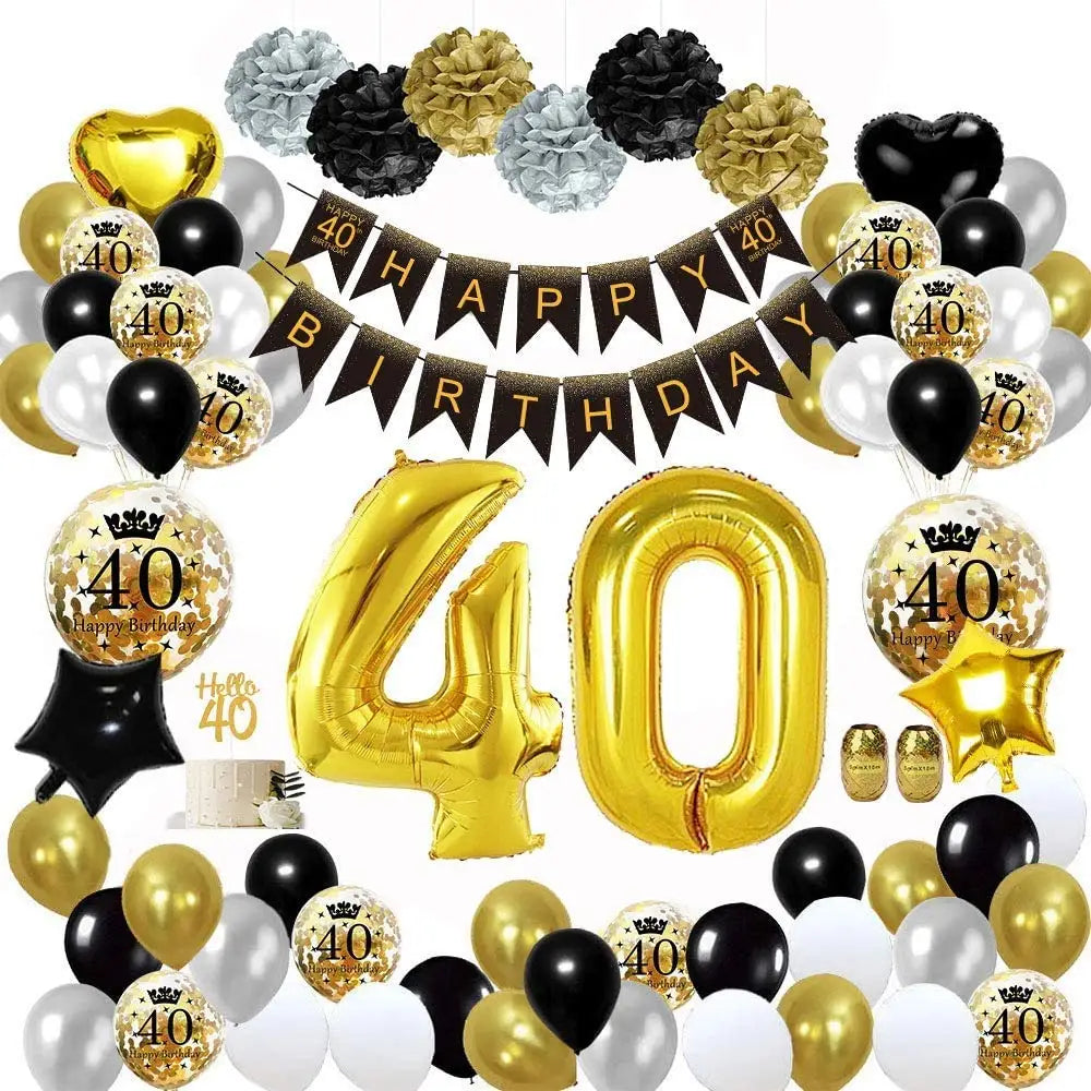 40th 50th 60th Geburtstagsdeko Women Men Birthday Party Supplies Black Gold Balloon Paper Pom Poms Happy Birthday Banner