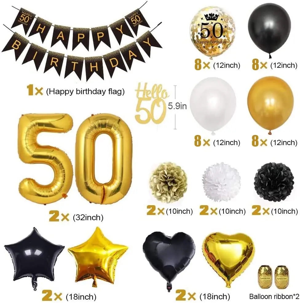 40th 50th 60th Geburtstagsdeko Women Men Birthday Party Supplies Black Gold Balloon Paper Pom Poms Happy Birthday Banner