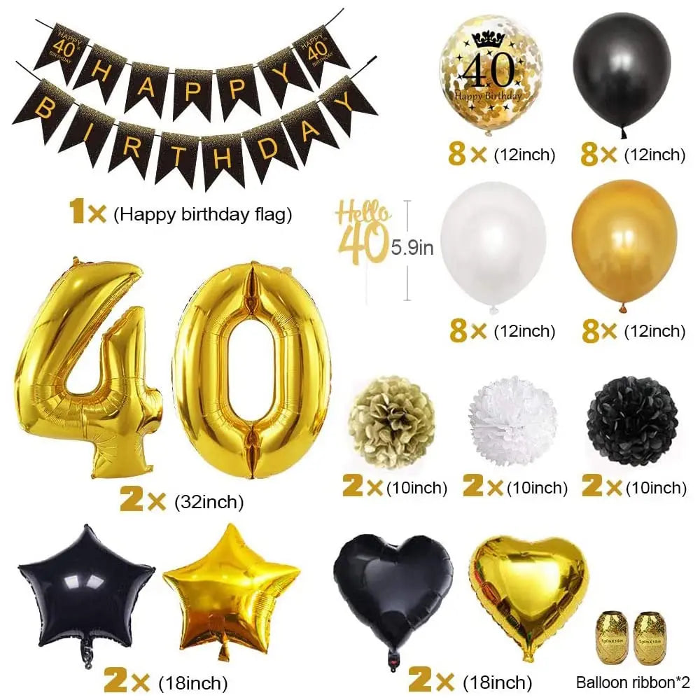 40th 50th 60th Geburtstagsdeko Women Men Birthday Party Supplies Black Gold Balloon Paper Pom Poms Happy Birthday Banner