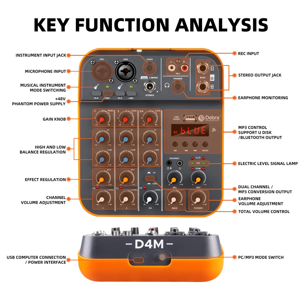 Mixer 4-Channel mit Bluetooth USB Sound Card  Phantom Power For PC Recording Microphone Live Streaming