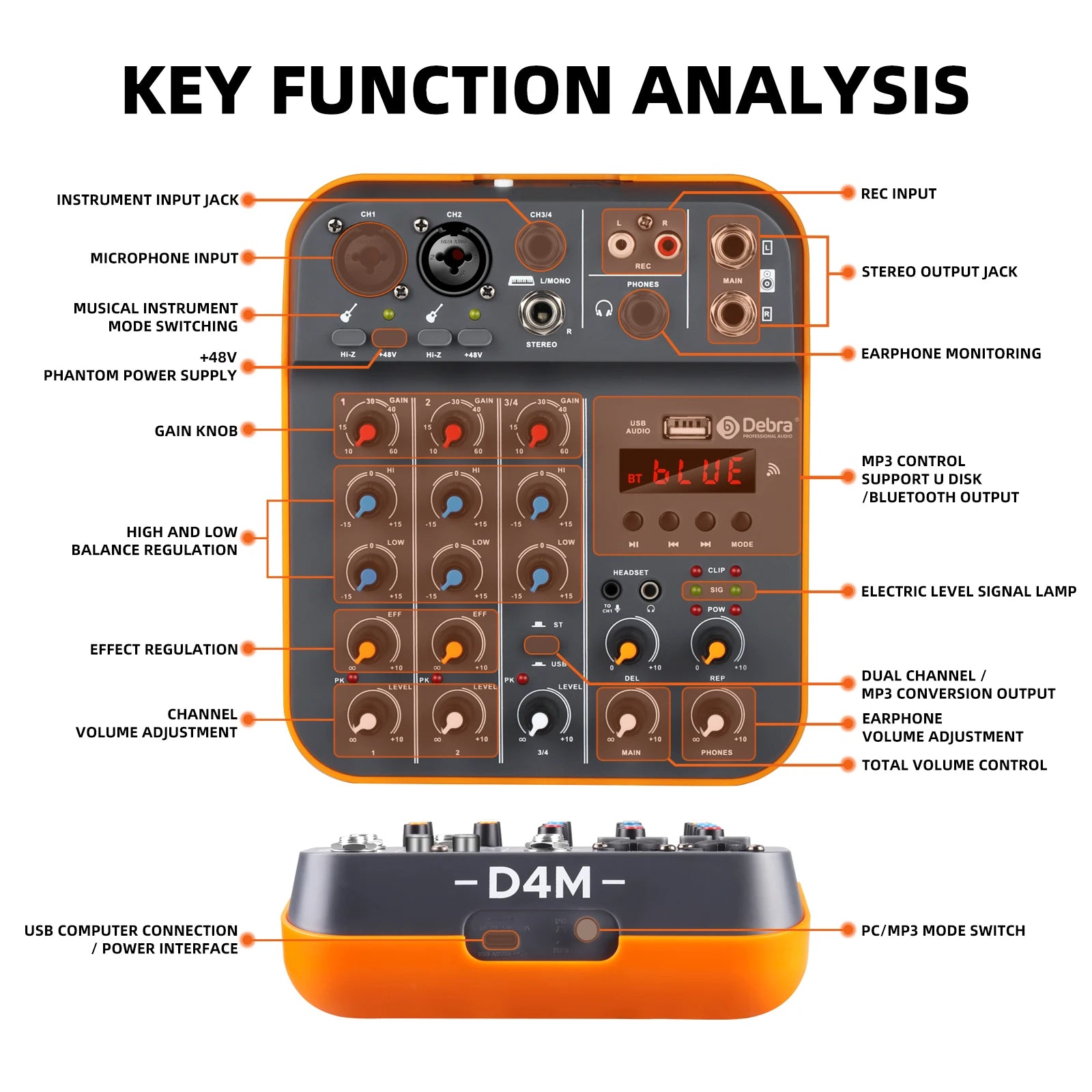 Mixer 4-Channel mit Bluetooth USB Sound Card  Phantom Power For PC Recording Microphone Live Streaming
