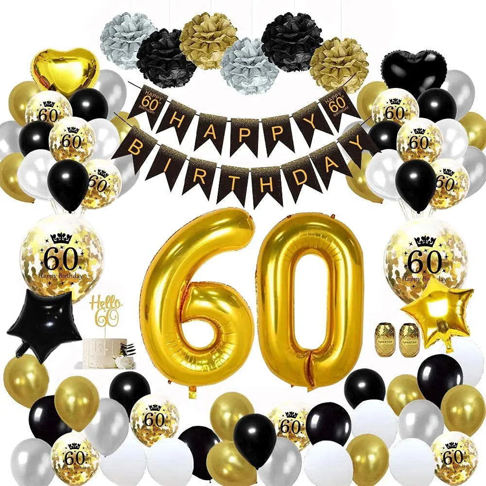 40th 50th 60th Geburtstagsdeko Women Men Birthday Party Supplies Black Gold Balloon Paper Pom Poms Happy Birthday Banner
