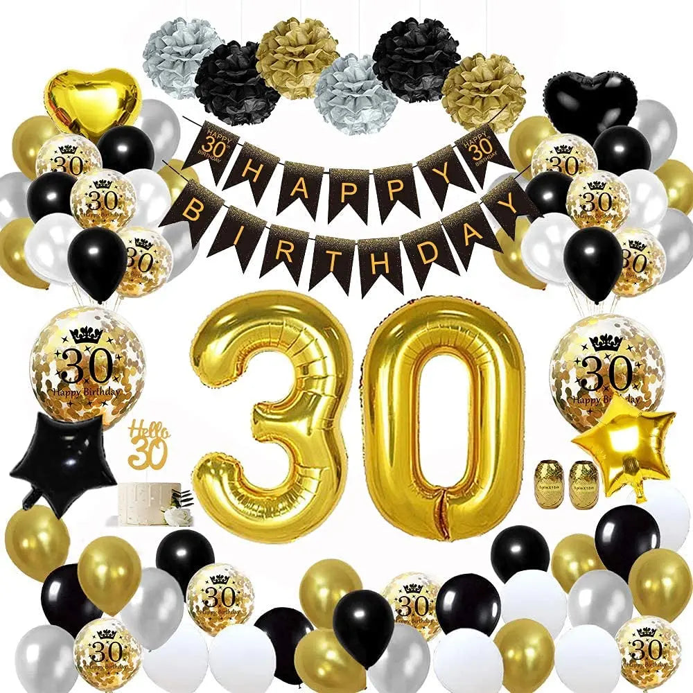 40th 50th 60th Geburtstagsdeko Women Men Birthday Party Supplies Black Gold Balloon Paper Pom Poms Happy Birthday Banner